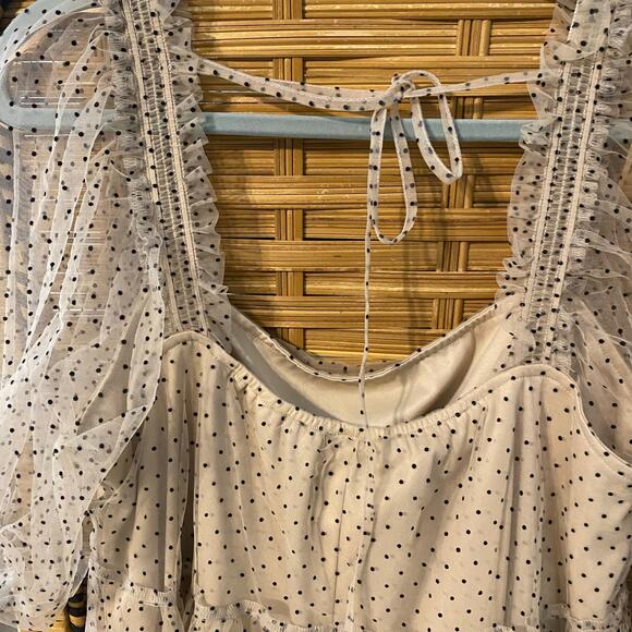 Arula X Swiss Dot Mesh Puff Sleeve Tiered Mini Dress Nude Black Polka Dot XL 14 - Picture 9 of 9